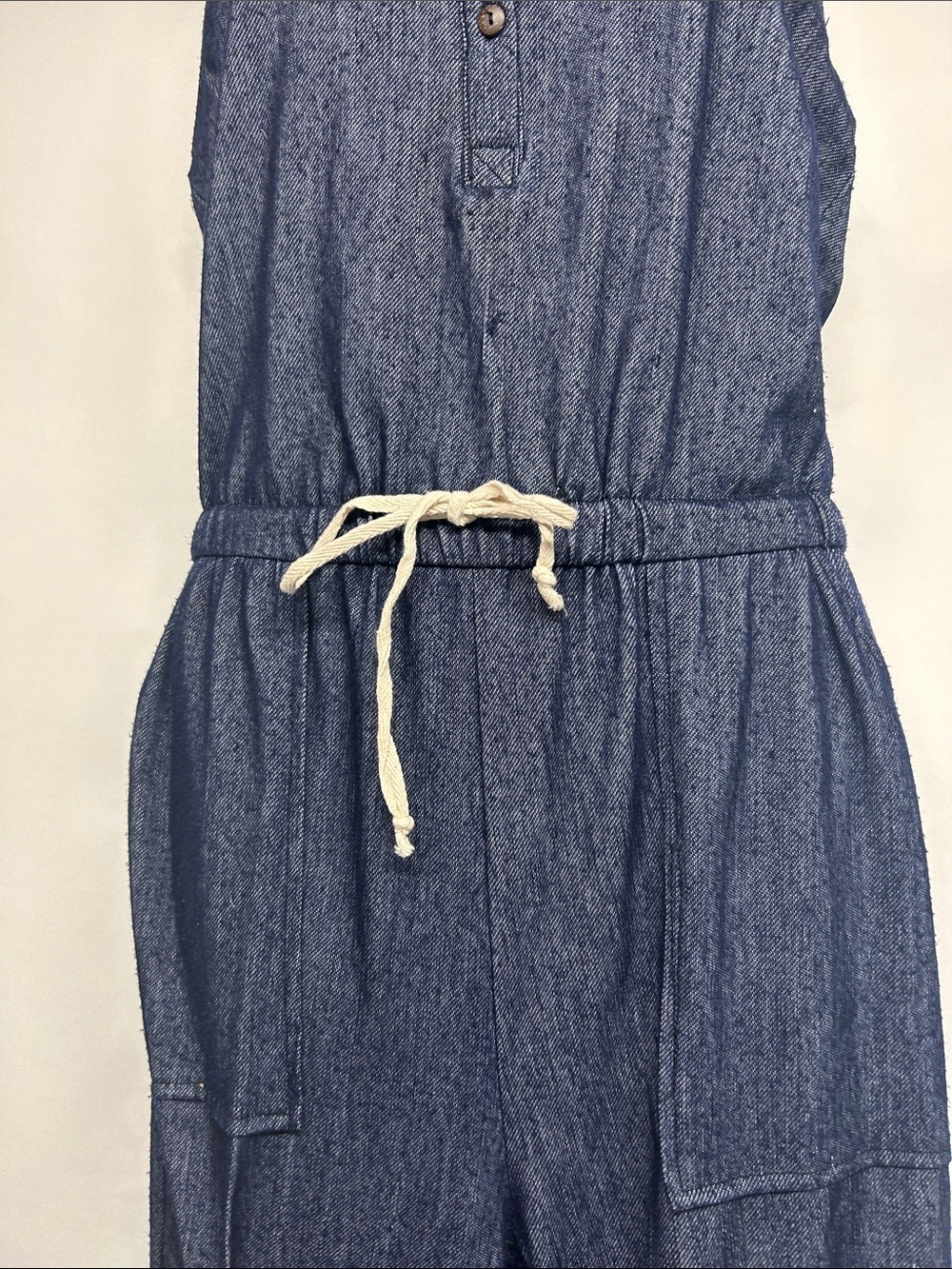 Sleeveless Navy Denim colored Jumpsuit with Drawstring Waist med soft - Picture 3 of 6